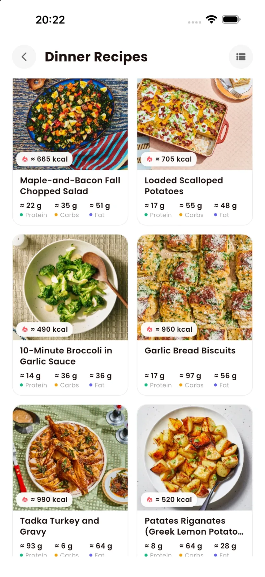 PicyFood dinner recipes grid, each card showing calories, protein, carbs and fat