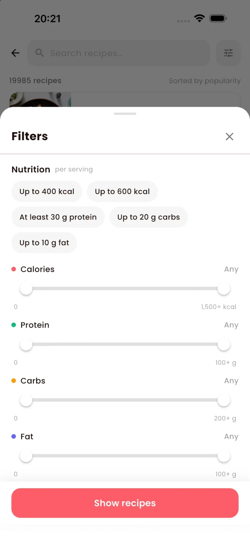 PicyFood search filters with shortcuts and sliders for calories, protein, carbs and fat per serving