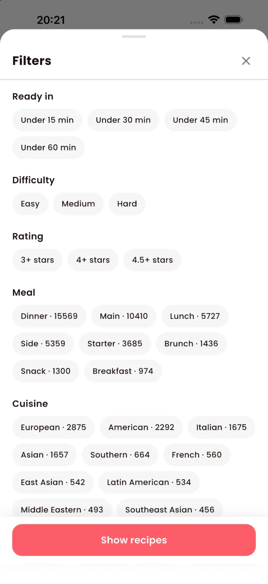 PicyFood search filters for ready-in time, difficulty, rating, meal and cuisine