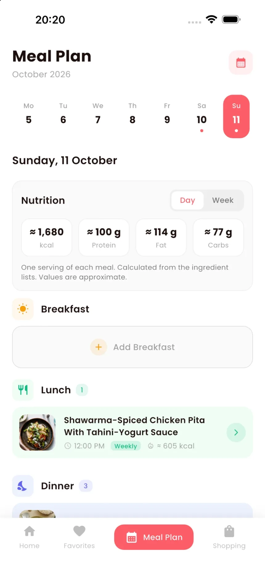 PicyFood meal plan for a Sunday, with lunch and dinner planned and the day's calories, protein, fat and carbs