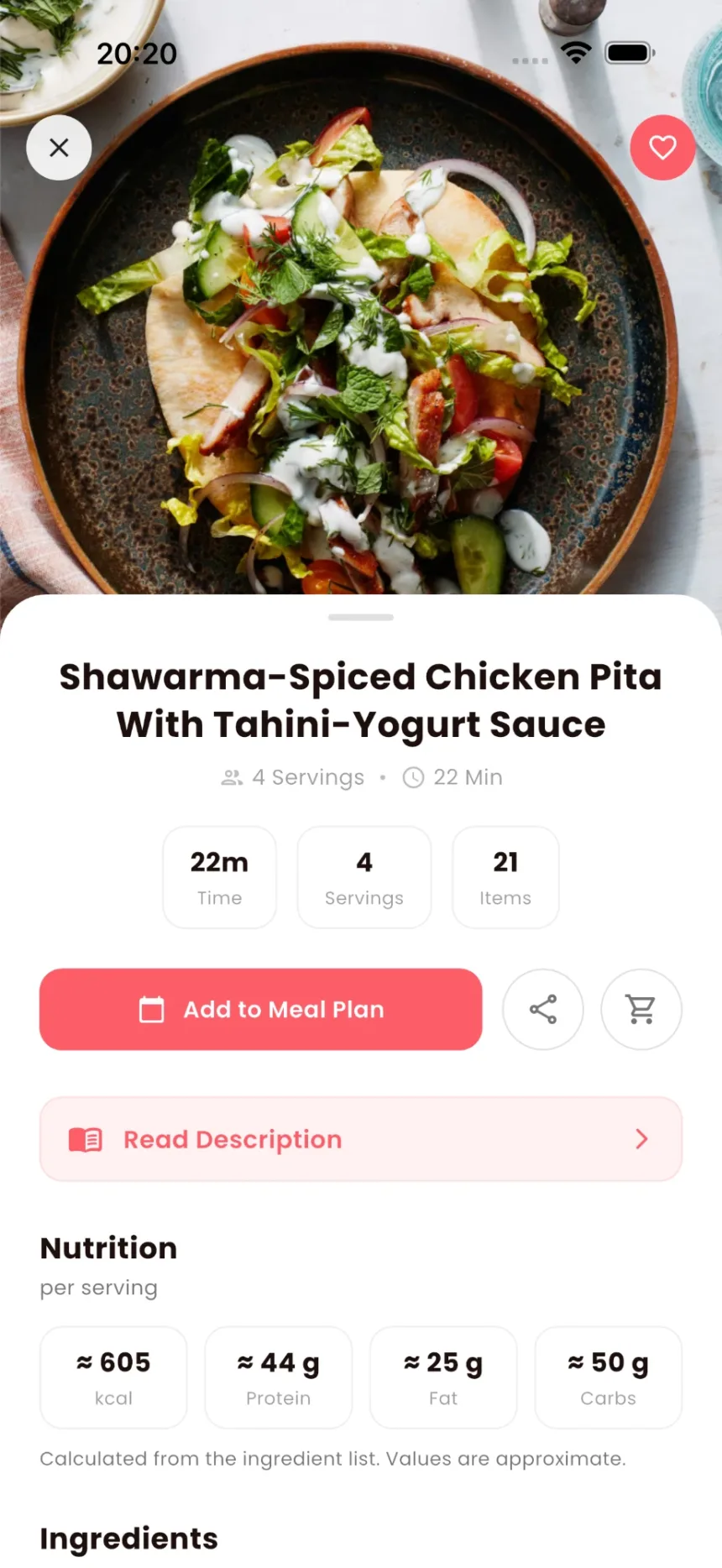 PicyFood recipe screen for a shawarma-spiced chicken pita, showing time, servings and nutrition per serving